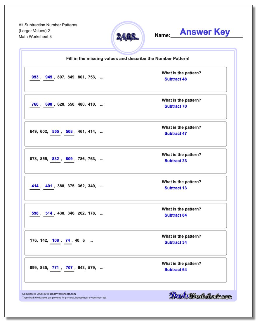 Alt Subtraction Worksheet Number Patterns (Larger Values) 2