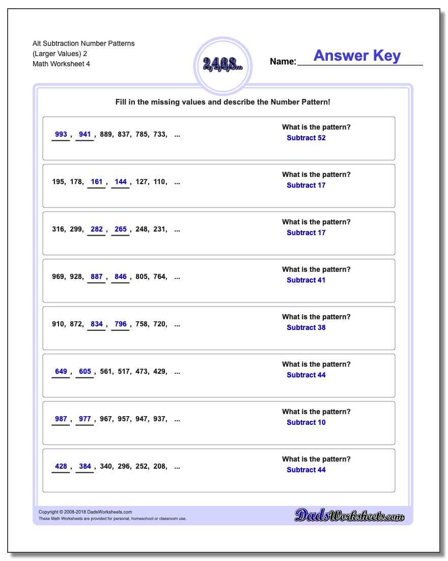 Alt Subtraction Worksheet Number Patterns (Larger Values) 2