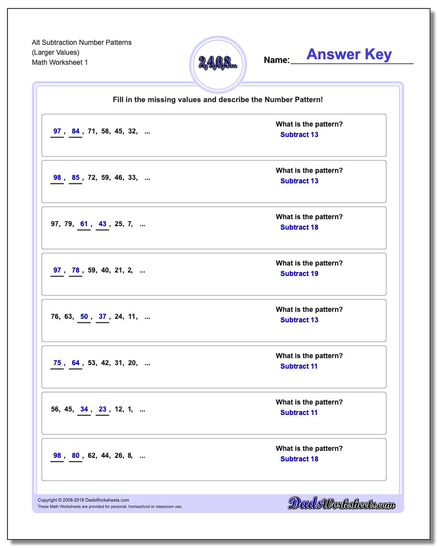 Number Patterns Alt Subtraction Worksheet (Larger Values)
