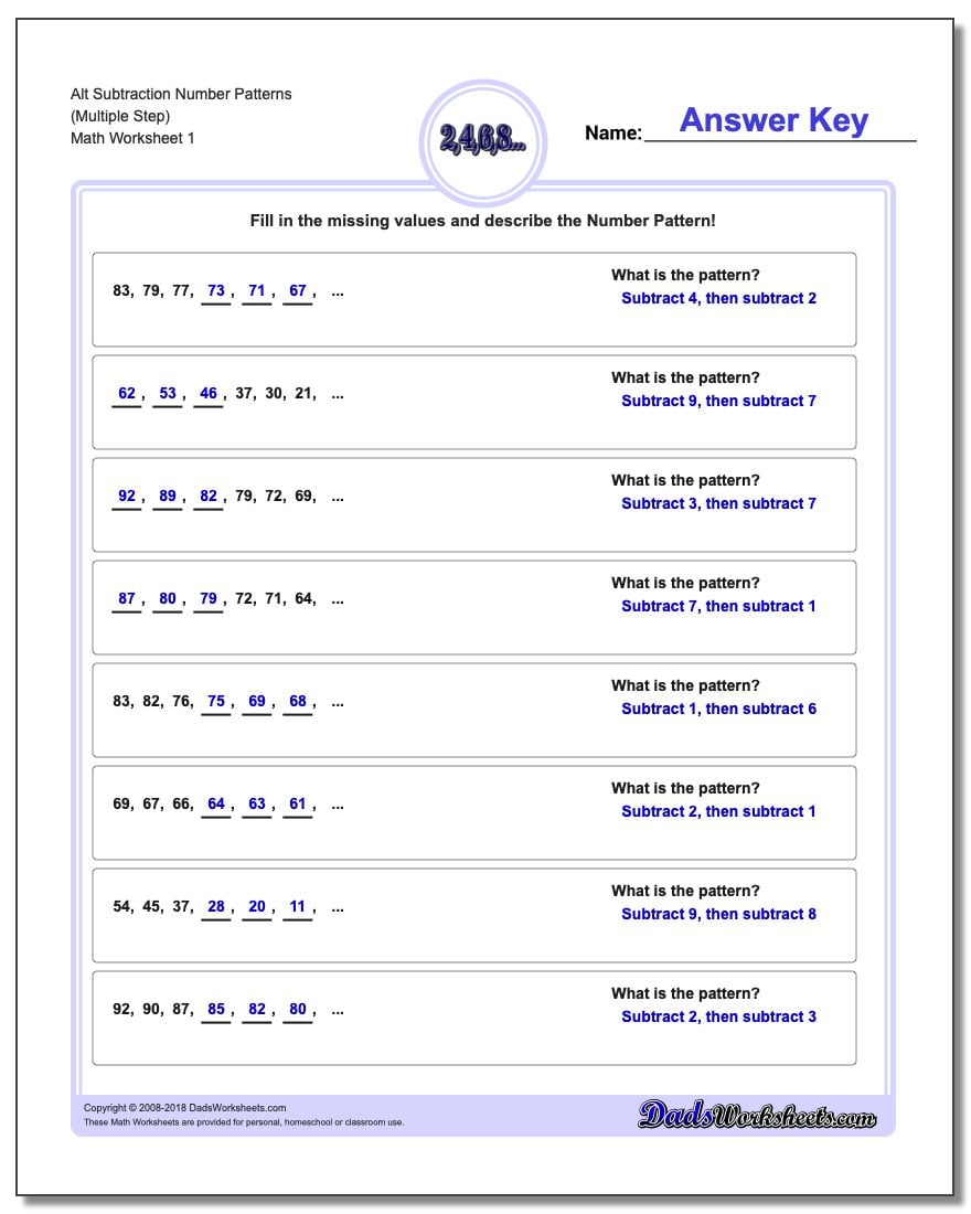 Number Patterns Alt Subtraction Worksheet (Multiple Step)