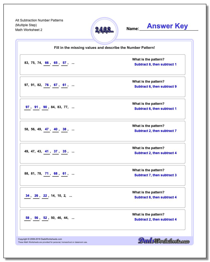 Alt Subtraction Worksheet Number Patterns (Multiple Step) www.dadsworksheets.com/worksheets/number-patterns.html