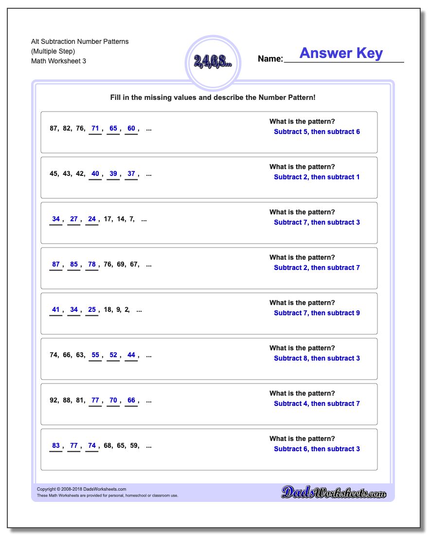 Alt Subtraction Worksheet Number Patterns (Multiple Step)