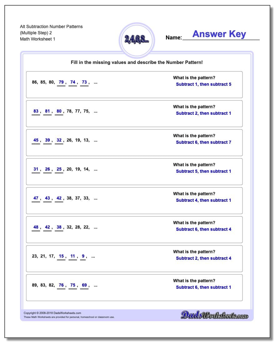 Number Patterns Alt Subtraction Worksheet (Multiple Step) 2