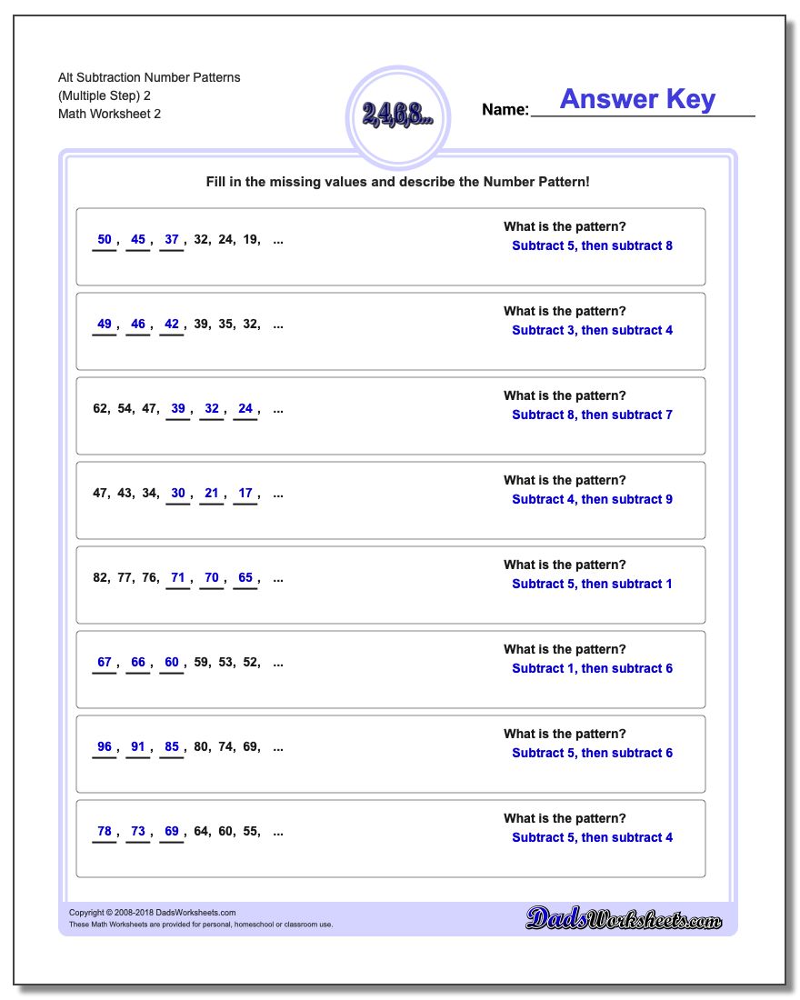 Alt Subtraction Worksheet Number Patterns (Multiple Step) 2 www.dadsworksheets.com/worksheets/number-patterns.html