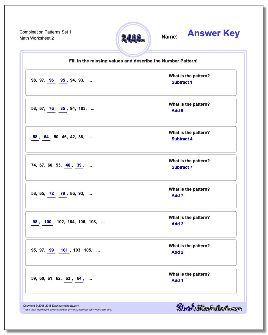 Combination Patterns Set 1 www.dadsworksheets.com/worksheets/number-patterns.html Worksheet