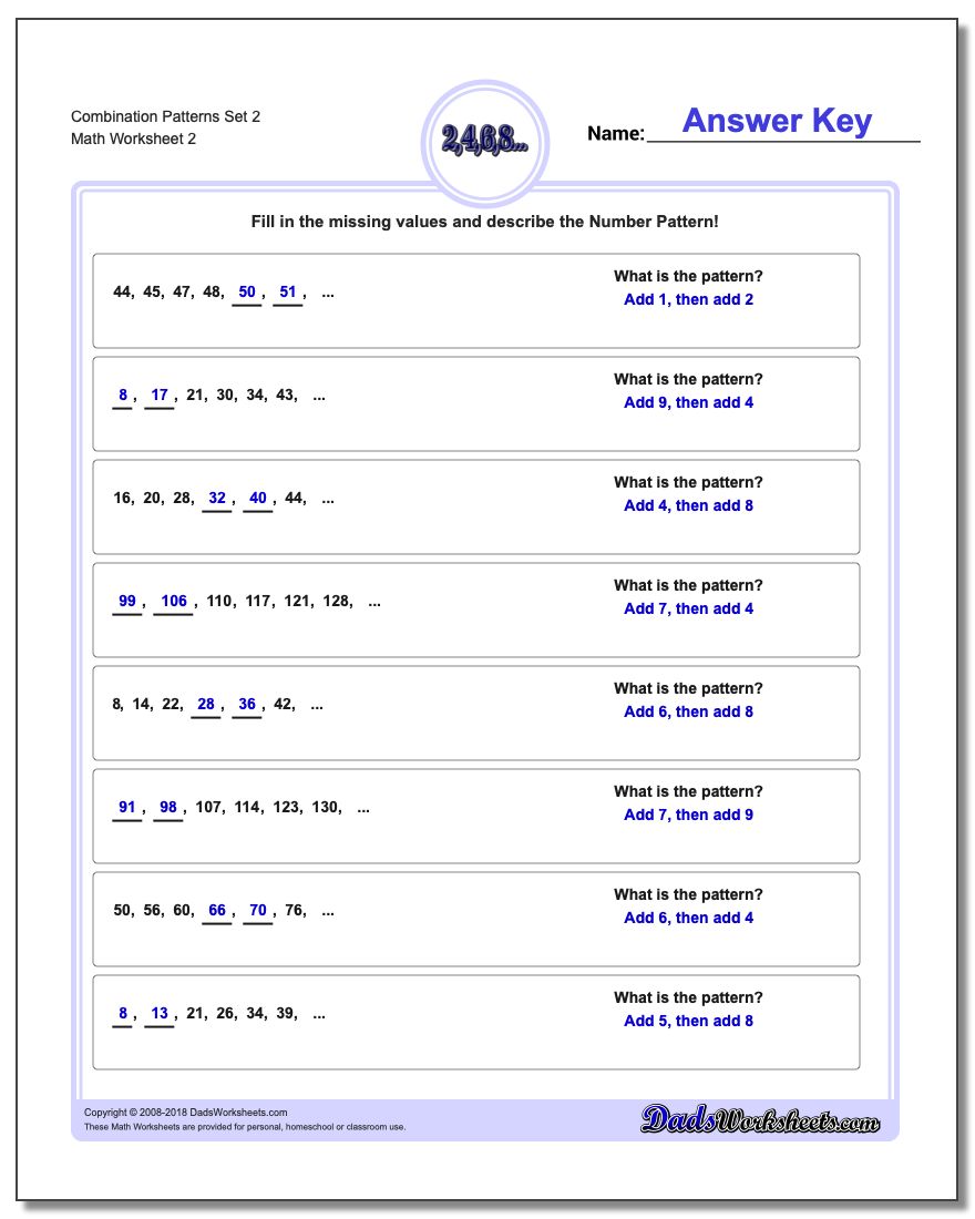 Combination Patterns Set 2 www.dadsworksheets.com/worksheets/number-patterns.html Worksheet