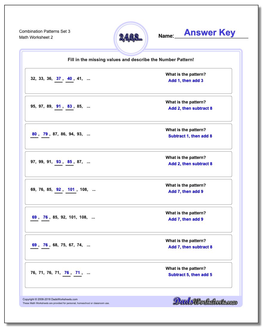 Combination Patterns Set 3 www.dadsworksheets.com/worksheets/number-patterns.html Worksheet