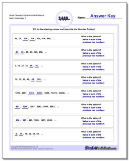 Number Patterns More Fibonacci-Like Worksheet