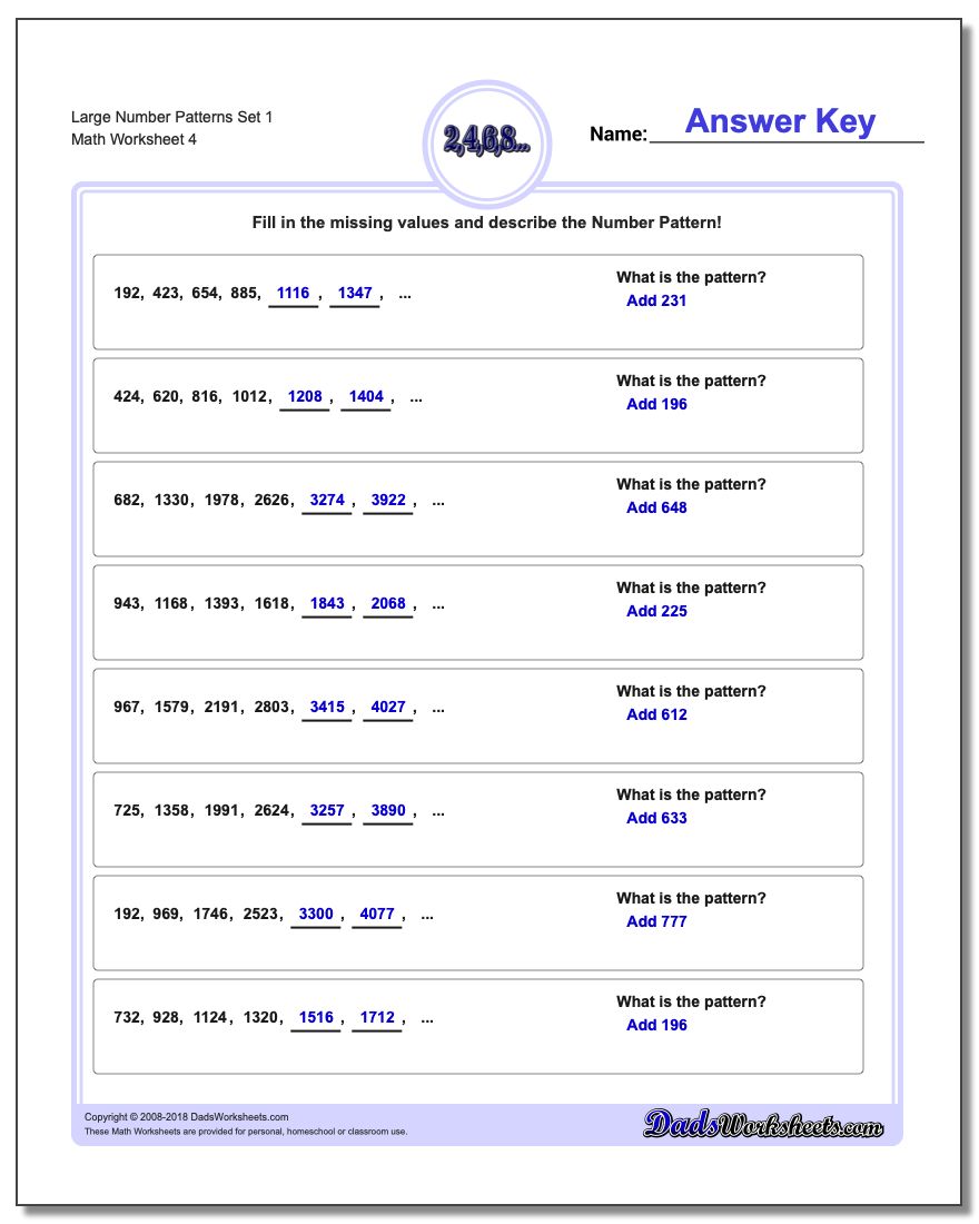 Large Number Patterns Set 1 Worksheet