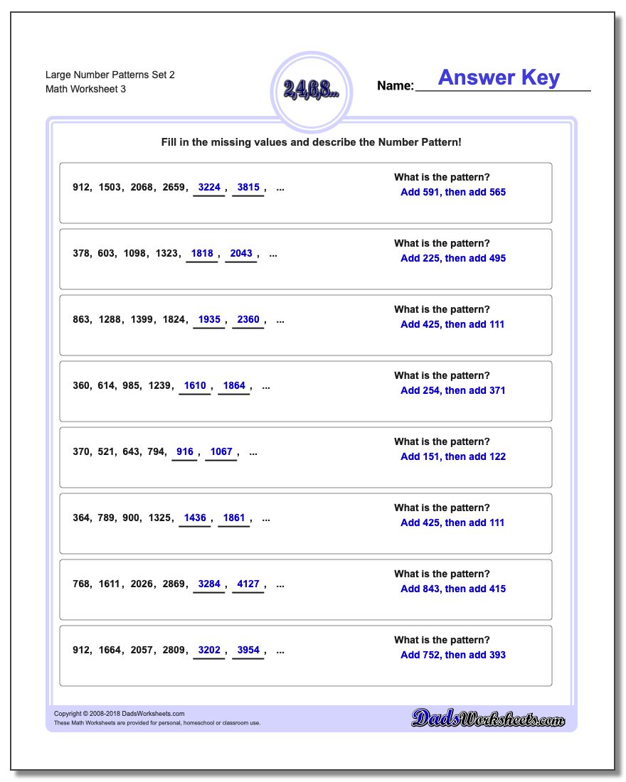 Large Number Patterns Set 2 Worksheet