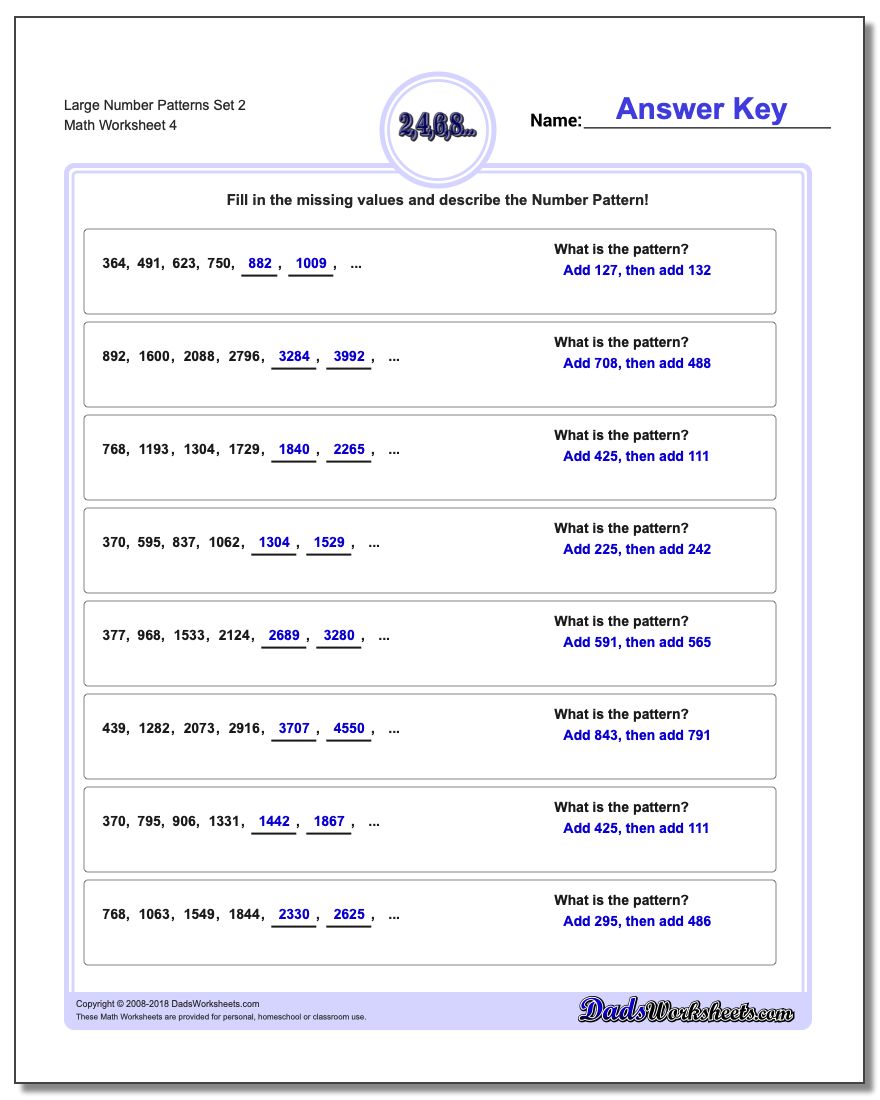 Large Number Patterns Set 2 Worksheet