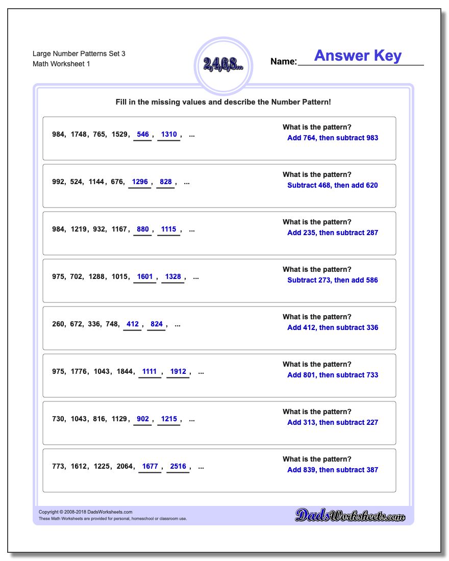 Number Patterns Large Set 3 Worksheet