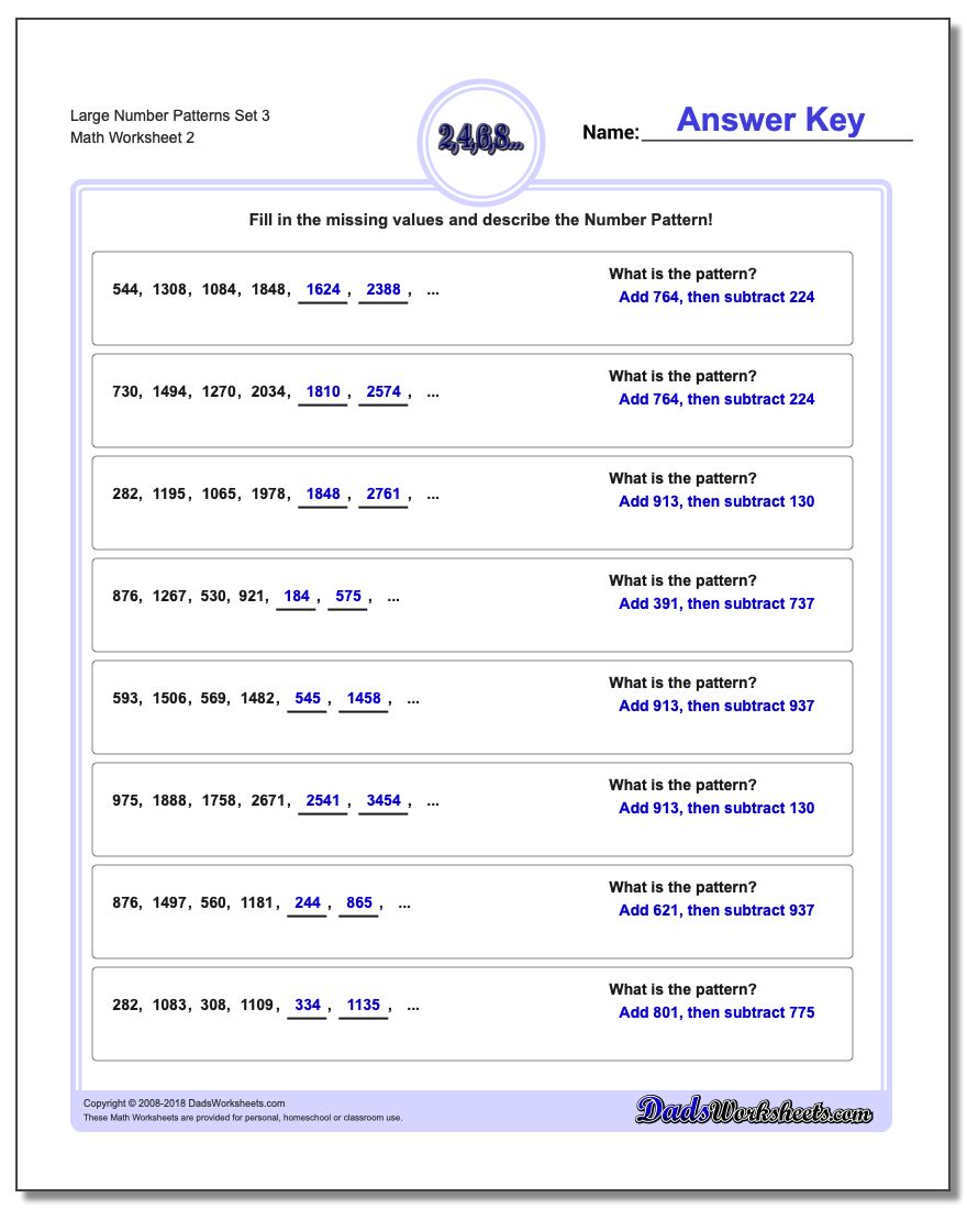 Large Number Patterns Set 3 www.dadsworksheets.com/worksheets/number-patterns.html Worksheet