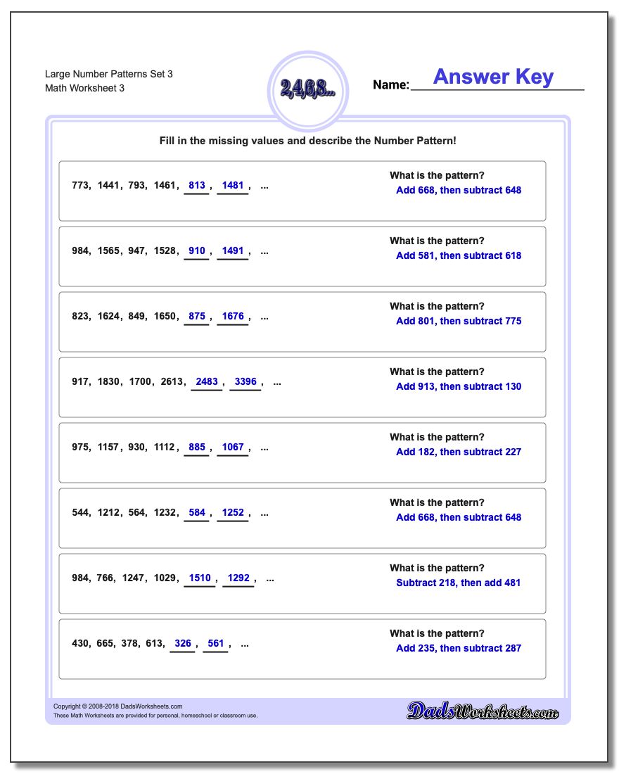 Large Number Patterns Set 3 Worksheet