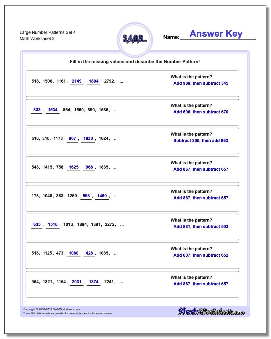 Large Number Patterns Set 4 www.dadsworksheets.com/worksheets/number-patterns.html Worksheet
