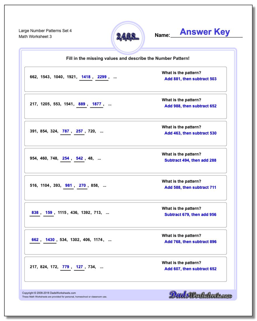 Large Number Patterns Set 4 Worksheet