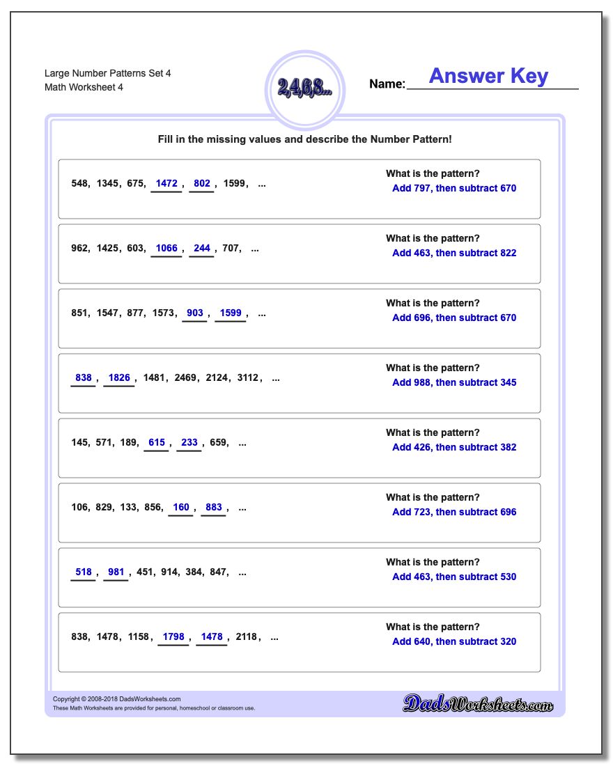 Large Number Patterns Set 4 Worksheet