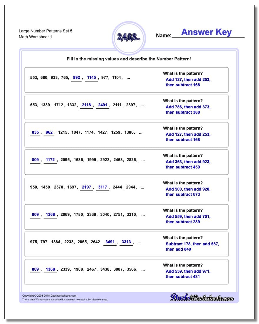 Number Patterns Large Set 5 Worksheet
