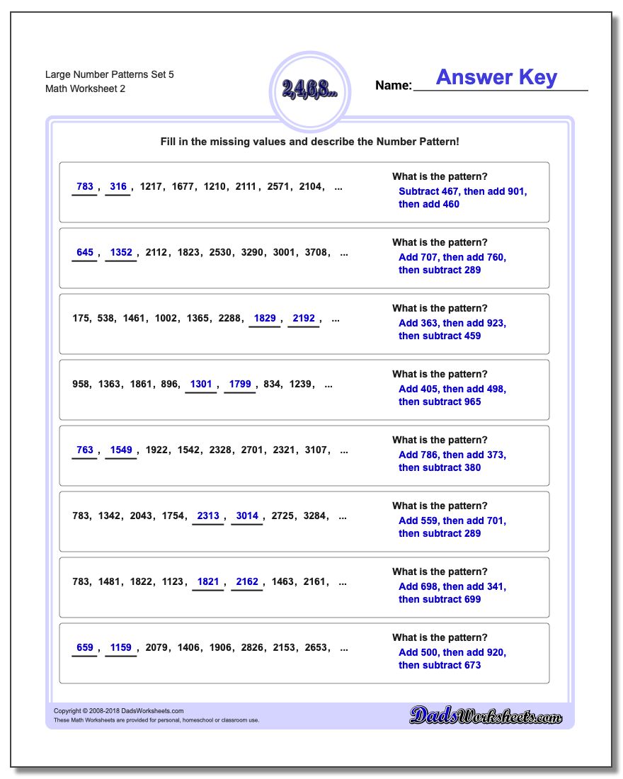 Large Number Patterns Set 5 www.dadsworksheets.com/worksheets/number-patterns.html Worksheet