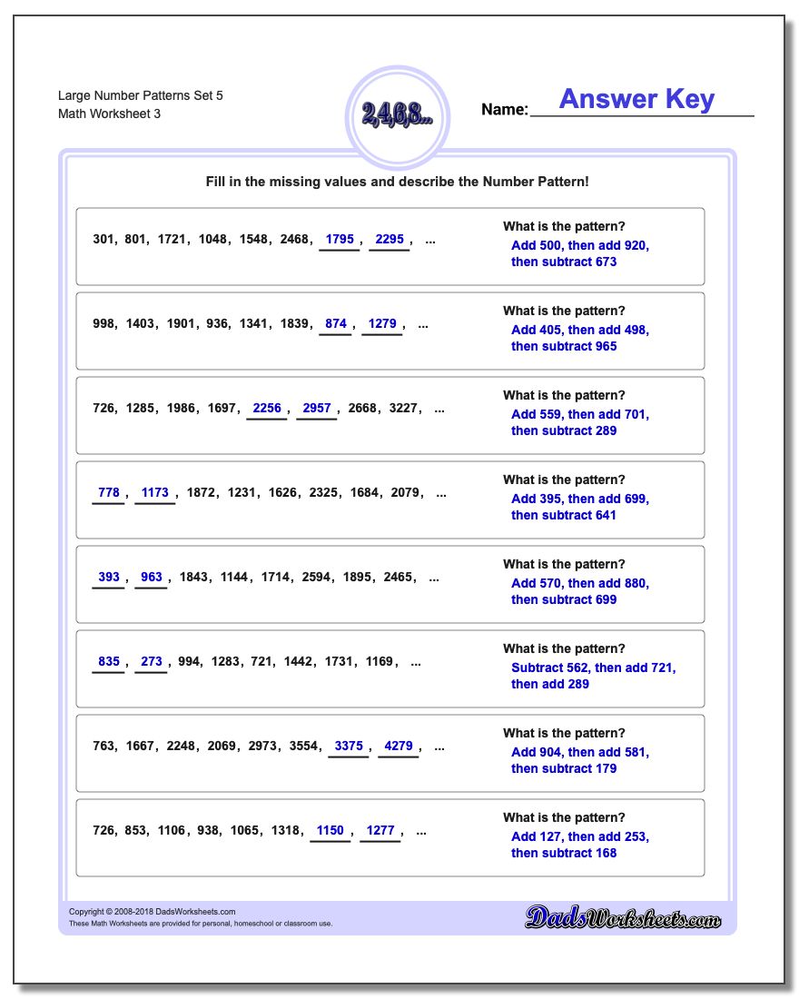 Large Number Patterns Set 5 Worksheet