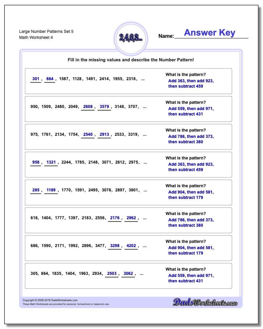 Large Number Patterns Set 5 Worksheet