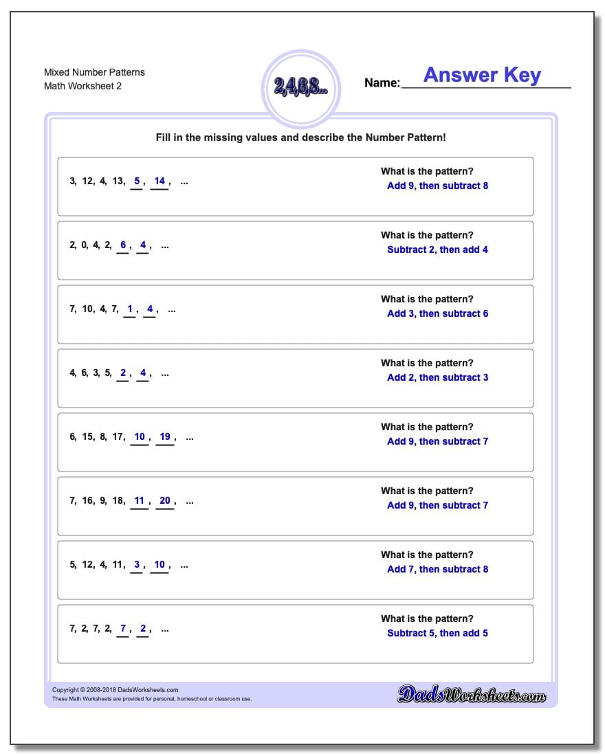 Mixed Number Patterns www.dadsworksheets.com/worksheets/number-patterns.html Worksheet