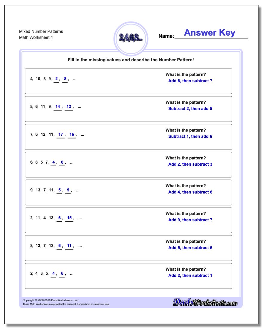 Mixed Number Patterns Worksheet