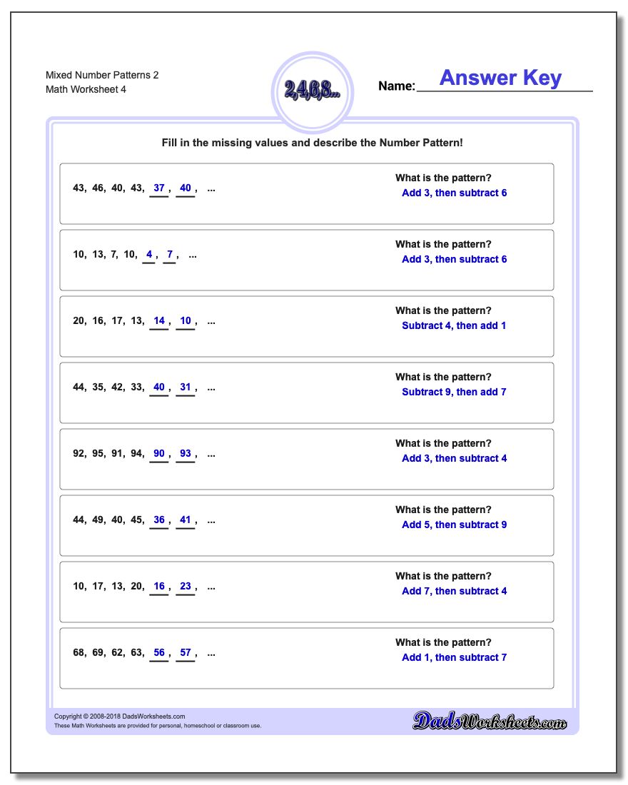 Mixed Number Patterns 2 Worksheet