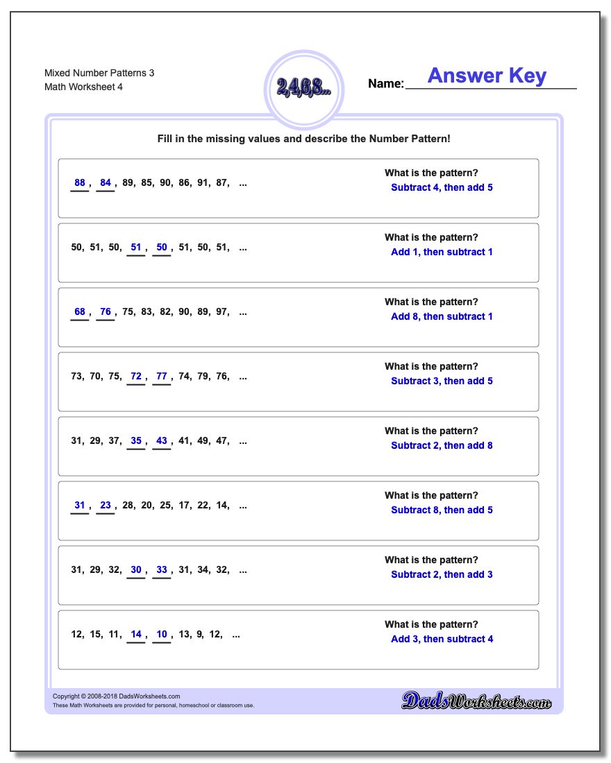 Mixed Number Patterns 3 Worksheet