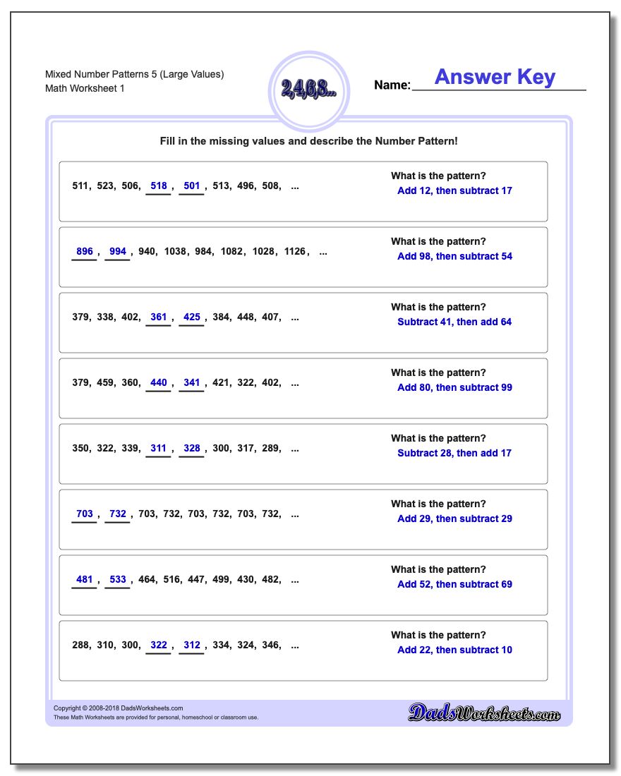 Number Patterns Mixed 5 (Large Values) Worksheet