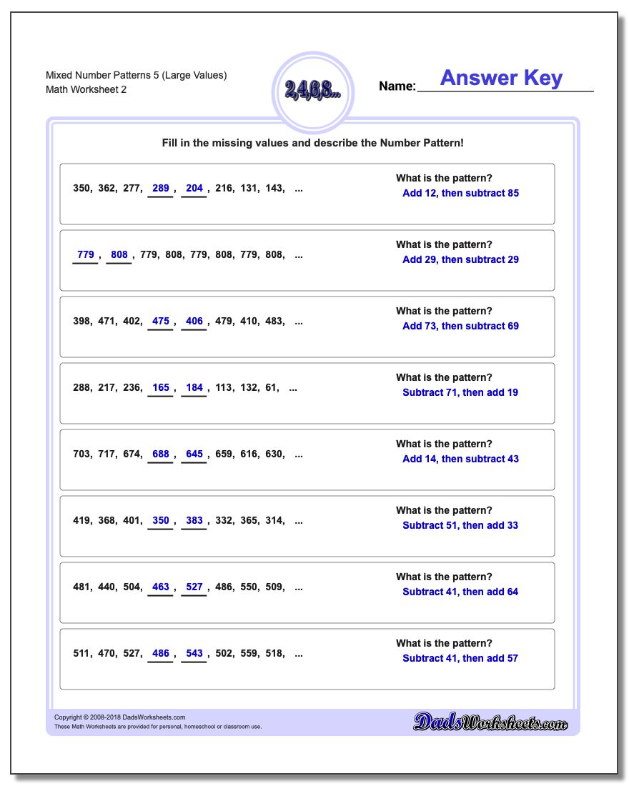 Mixed Number Patterns 5 (Large Values) www.dadsworksheets.com/worksheets/number-patterns.html Worksheet