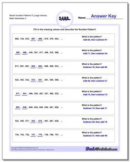 Mixed Number Patterns 5 (Large Values) Worksheet