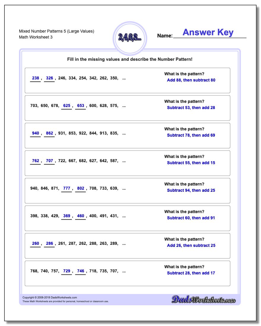 Mixed Number Patterns 5 (Large Values) Worksheet