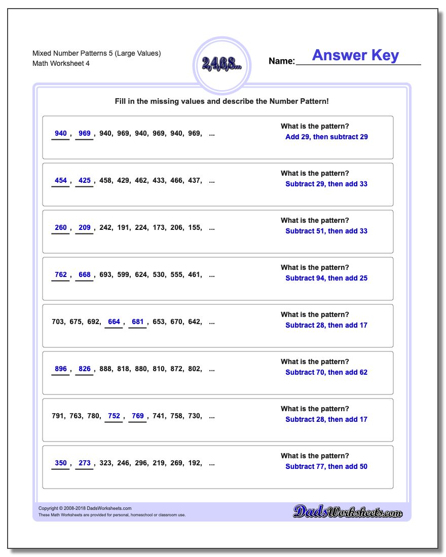Mixed Number Patterns 5 (Large Values) Worksheet