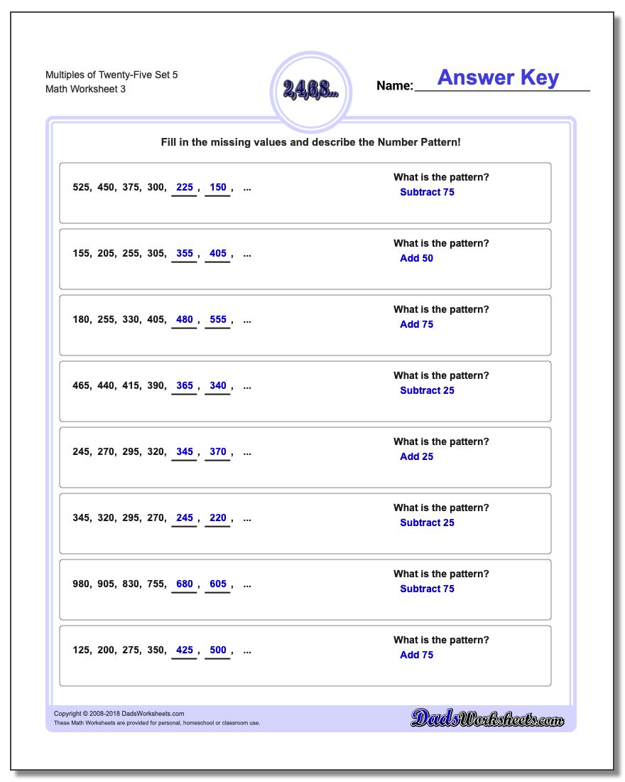 Multiples of Twenty-Five Set 5 Worksheet