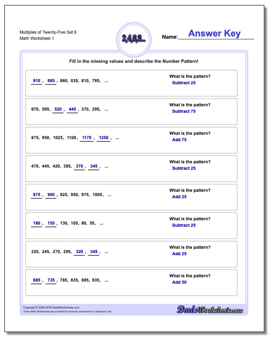 Multiples of Twenty-Five Set 6 Number Patterns Worksheet