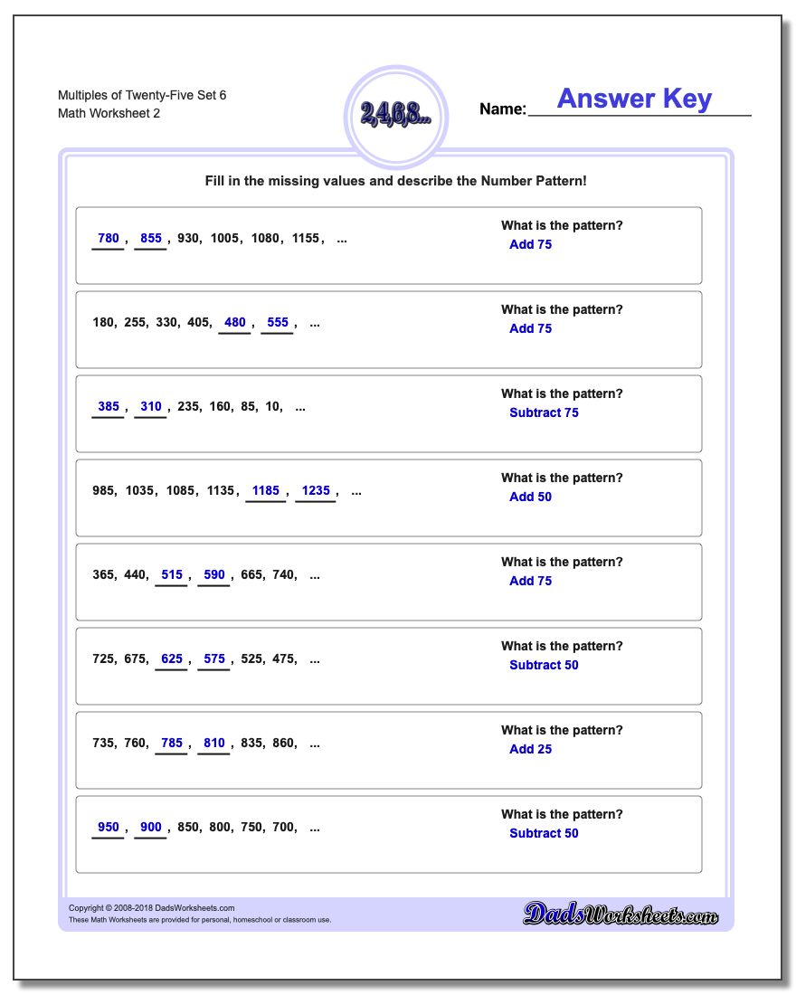 Multiples of Twenty-Five Set 6 www.dadsworksheets.com/worksheets/number-patterns.html Worksheet