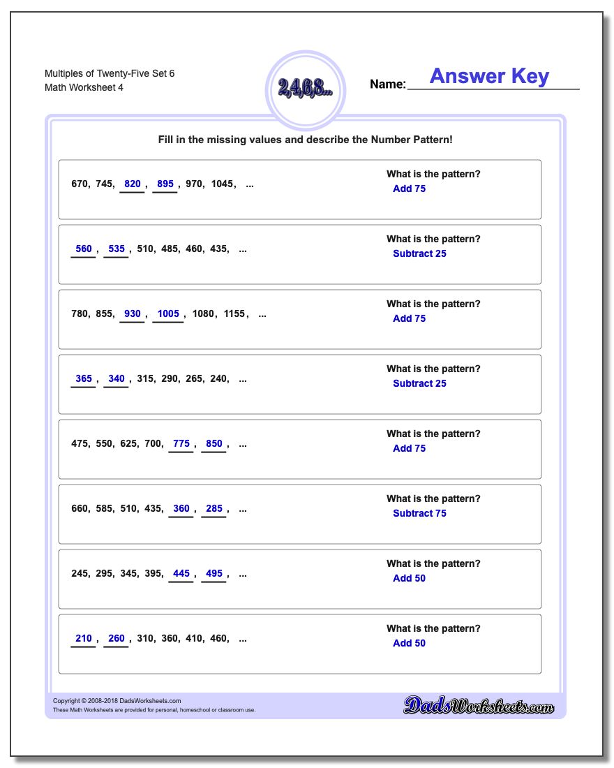 Multiples of Twenty-Five Set 6 Worksheet