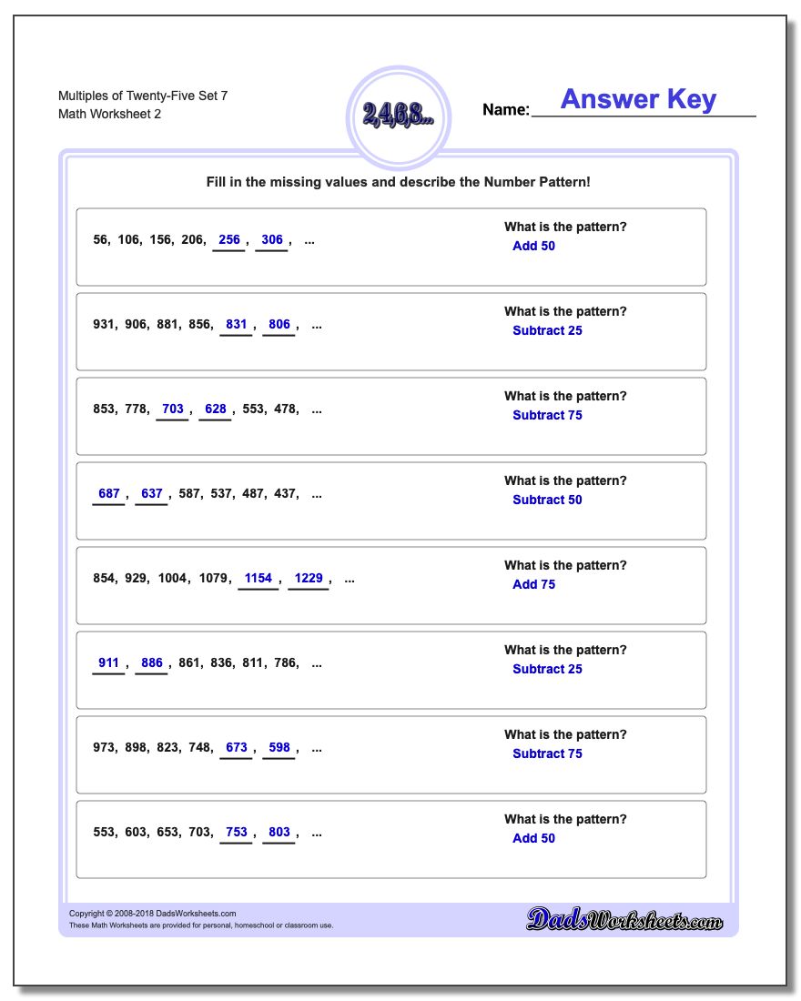 Multiples of Twenty-Five Set 7 www.dadsworksheets.com/worksheets/number-patterns.html Worksheet