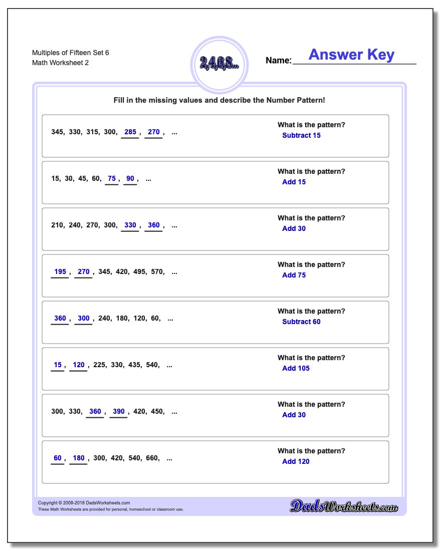 Multiples of Fifteen Set 6 www.dadsworksheets.com/worksheets/number-patterns.html Worksheet