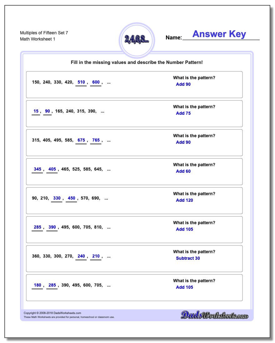 Multiples of Fifteen Set 7 Number Patterns Worksheet