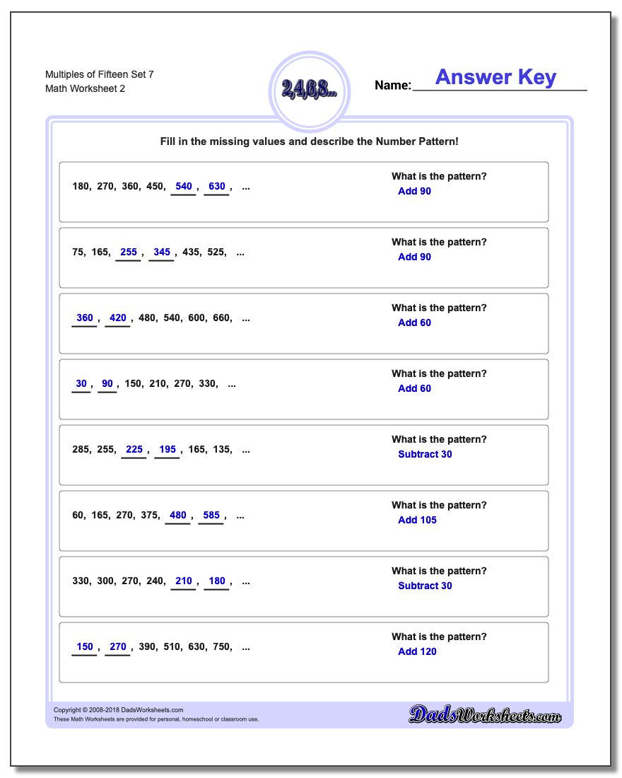 Multiples of Fifteen Set 7 www.dadsworksheets.com/worksheets/number-patterns.html Worksheet