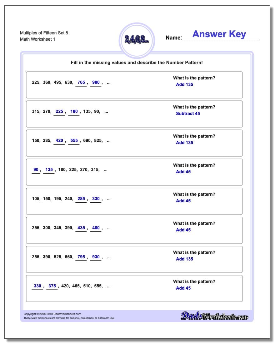 Multiples of Fifteen Set 8 Number Patterns Worksheet