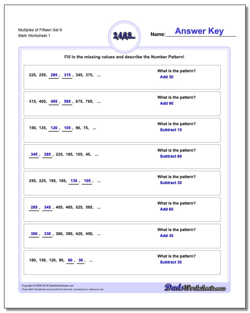 Multiples of Fifteen Set 9 Number Patterns Worksheet