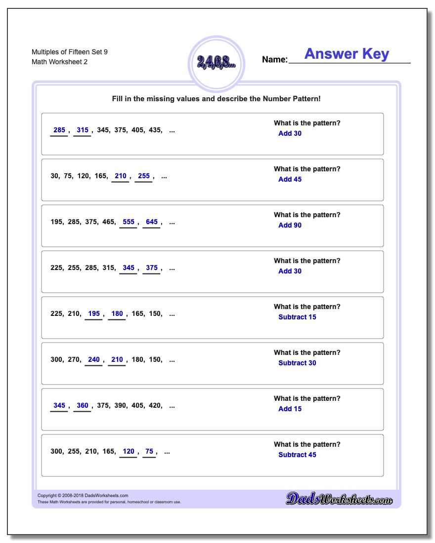 Multiples of Fifteen Set 9 www.dadsworksheets.com/worksheets/number-patterns.html Worksheet
