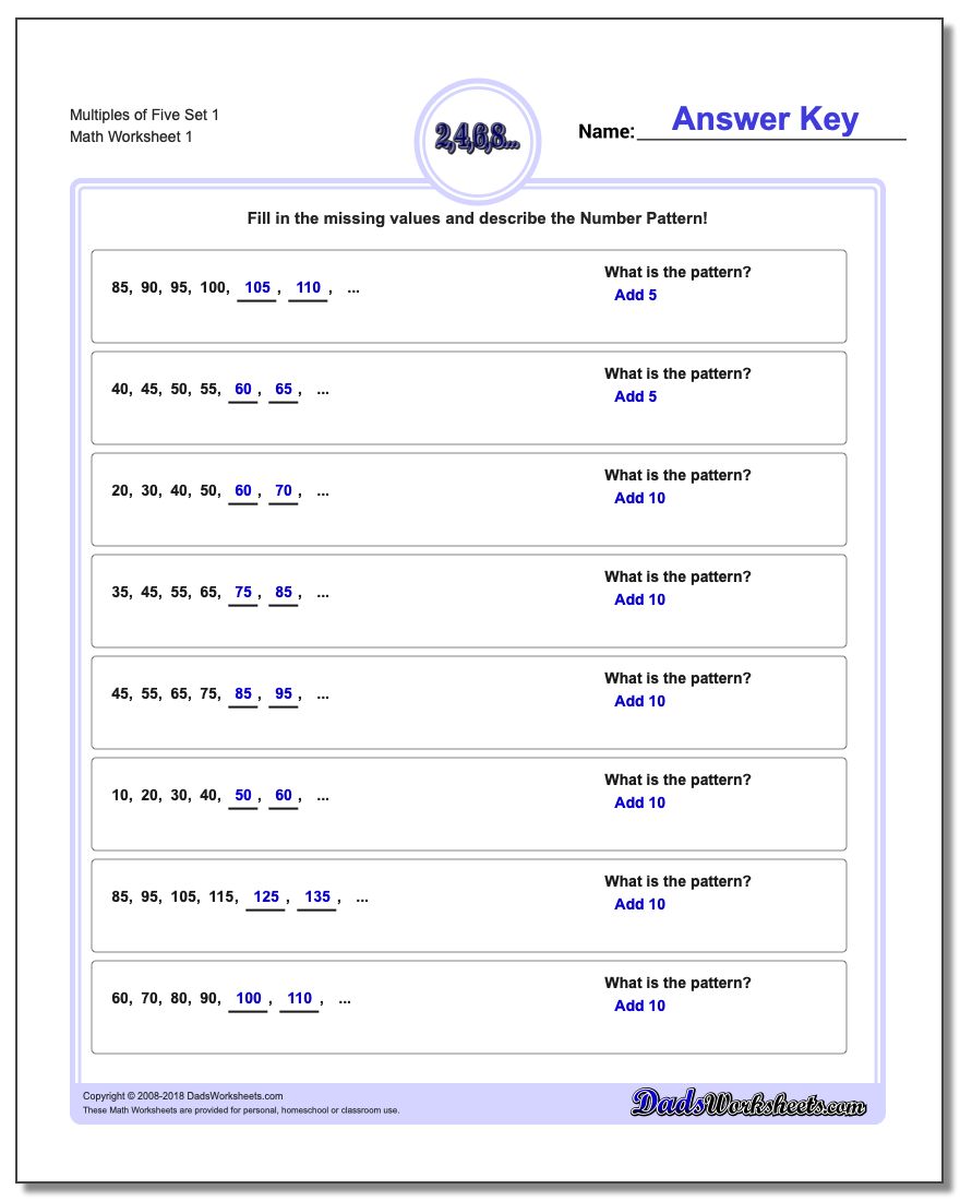 Worksheets Multiples Worksheets patterns with multiples of five set 1 number worksheet