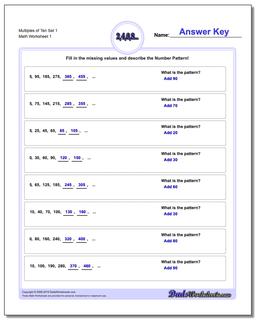 Multiples of Ten Set 1 Number Patterns Worksheet