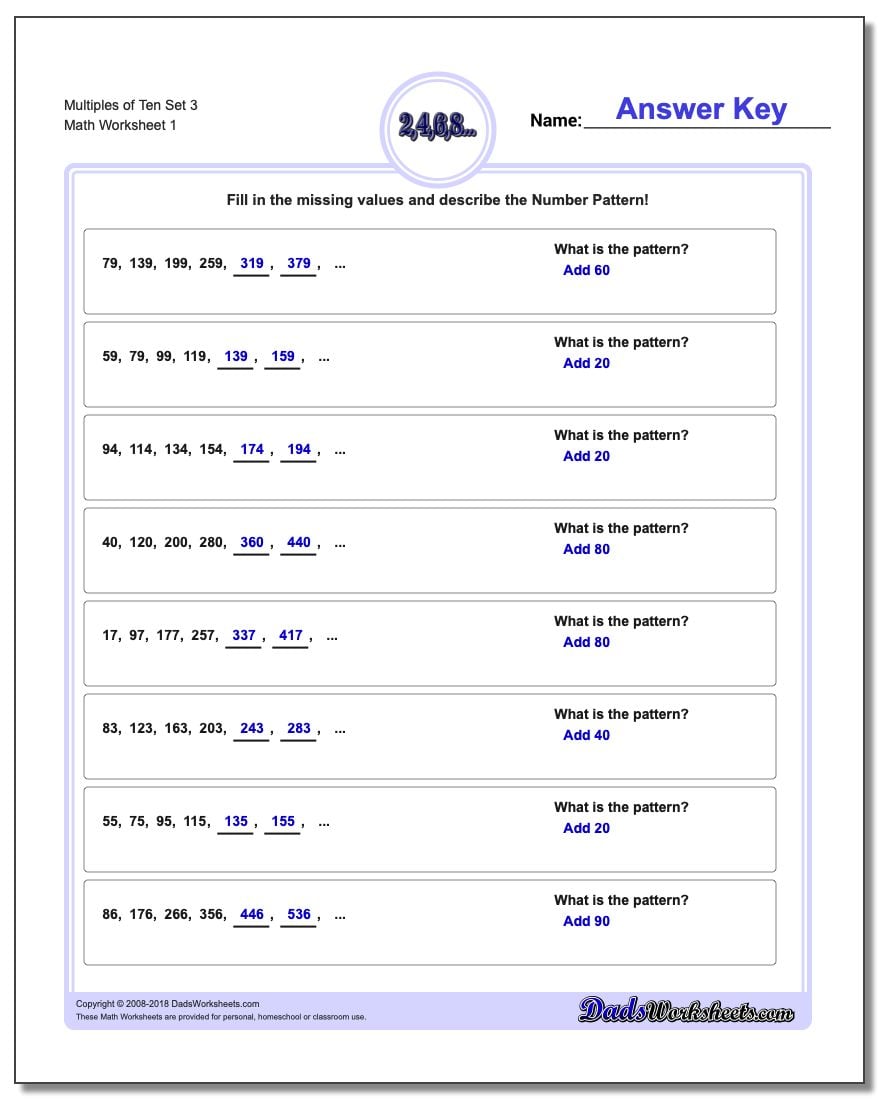 Multiples of Ten Set 3 Number Patterns Worksheet