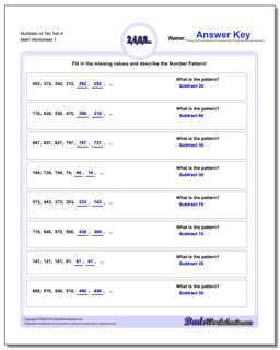 Multiples of Ten Set 4 Number Patterns Worksheet