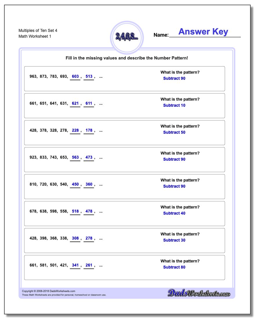 Multiples of Ten Set 4 Number Patterns Worksheet